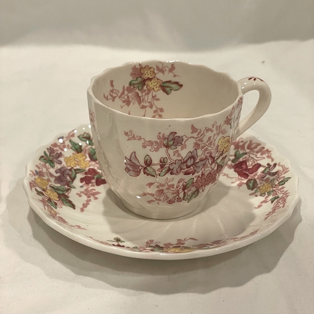 (2) Spode “Fairy Dell” Cream and Pink Demitasse Teacup & Saucer Sets | Whimsical